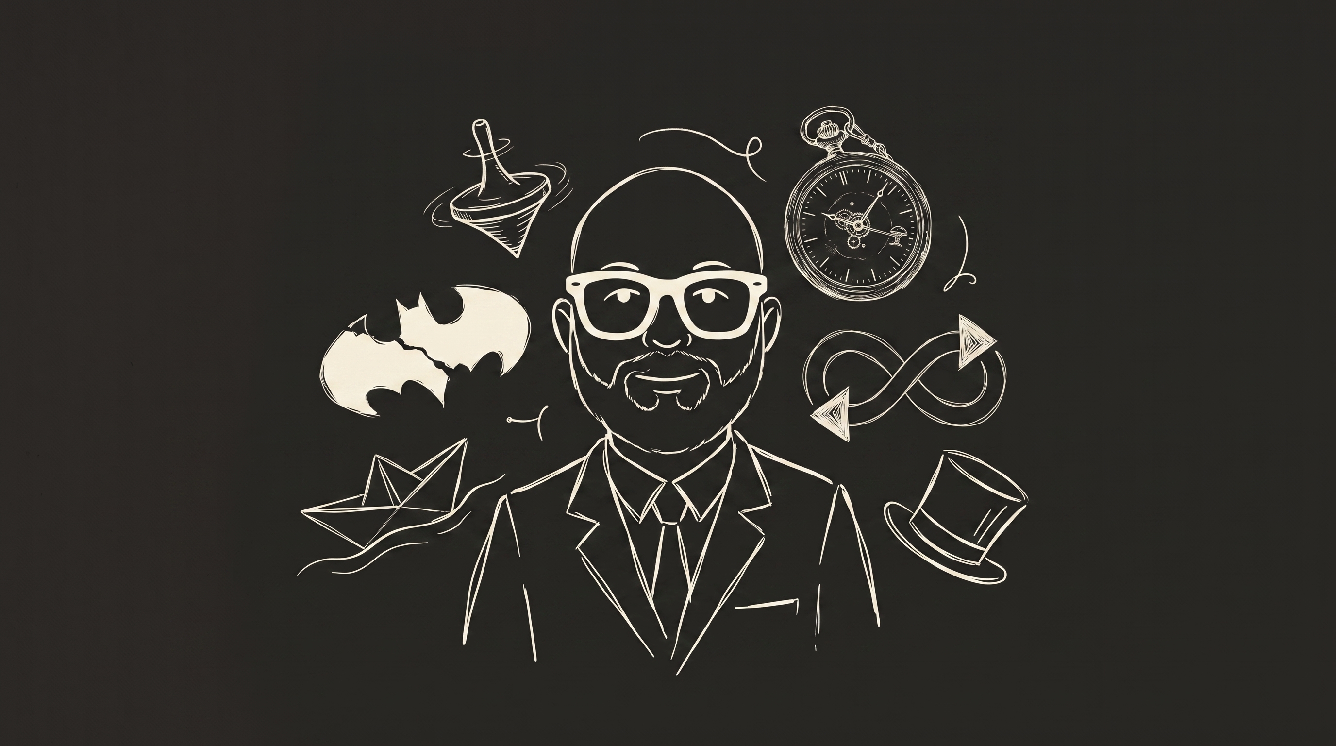 Illustrated portrait of Christopher Nolan surrounded by icons from his films